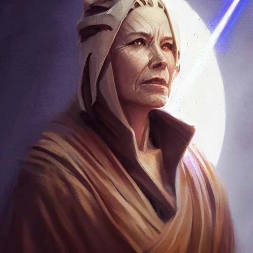 Image similar to portrait of a jedi master woman by greg rutkowski, vestara khai, smirk, wearing jedi robes, star wars expanded universe, she is about 6 0 years old, wearing jedi robes, highly detailed portrait, digital painting, artstation, concept art, smooth, sharp foccus ilustration, artstation hq