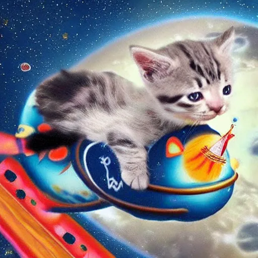 Image similar to a cute kitten riding on a rocket in space