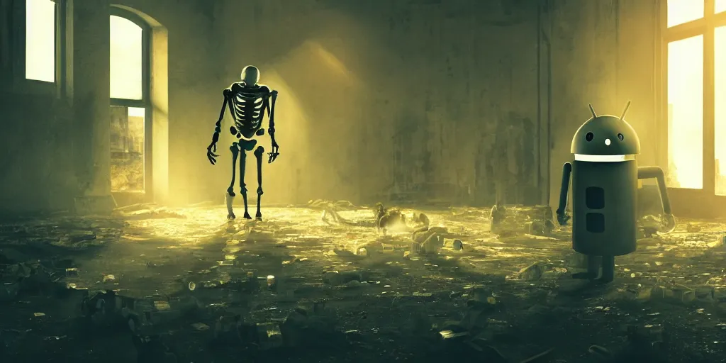 Prompt: film still from the movie Ghost in The Machine, terrified android in an abandoned city, skeletons on the floor, beautiful, golden hour, sharp focus, ultra detailed, cgsociety, manga style, cinematic, sparks and reflections