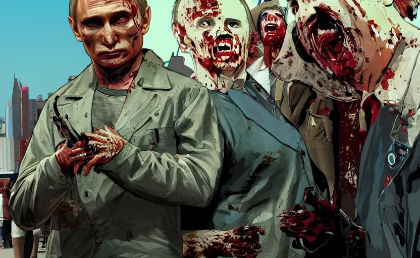 Prompt: Putin Zombie in GTA V, cover art by Stephen Bliss, artstation, no text