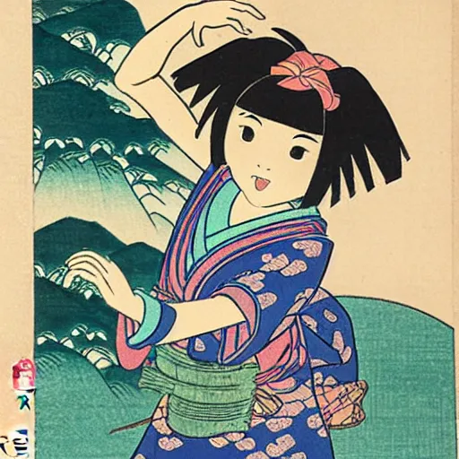 Image similar to Japanese woodblock print of real girl dora the explorer, hokusai