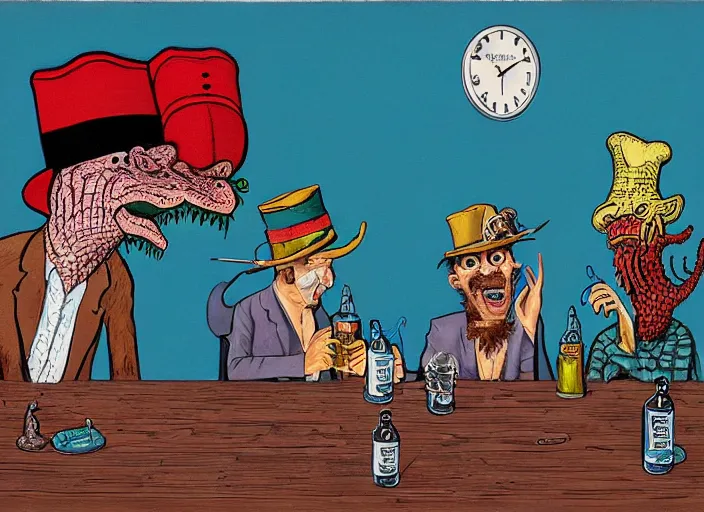 Image similar to a crocodile with shoes and hat looking at two men in costume drinking beer with computer and joakim ojanen and robert crumb and philip guston, psychological, photorealistic, dripping paint, washy brush, rendered in octane, altermodern, masterpiece