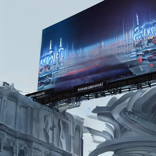 Image similar to sci-fi wall structure on the coronation of napoleon painting and digital billboard in the middle, unreal engine 5, keyshot, octane, artstation trending, ultra high detail, ultra realistic, cinematic, 8k, 16k, in style of zaha hadid, in plastic, dark, tilt shift,