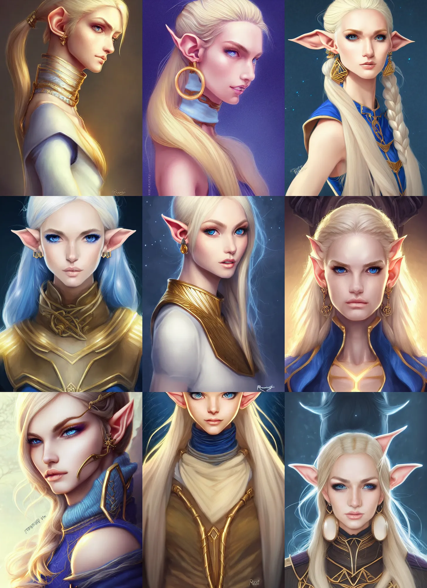 Prompt: bust portait of beautiful elf lady, white skin, blue eyes, golden hair, single long tied ponytail, serious look, sleeveless turtle neck sweater, earrings, highly detailed, high fantasy, smooth, sharp focus, digital illustration, by rossdraws, frank franzzeta, artgerm