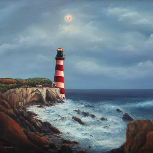 Image similar to an oil painting of a lighthouse overlooking a blood ocean