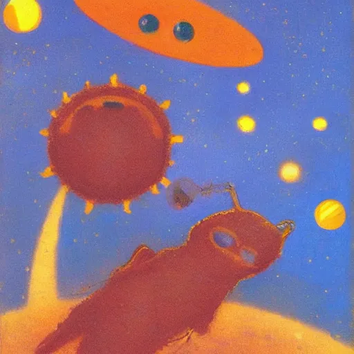 Prompt: Liminal space in outer space with cute curious creatures by Odilon Redon