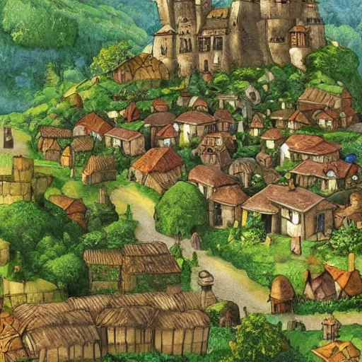 Prompt: medieval village in the middle of lush forest, by ghibli