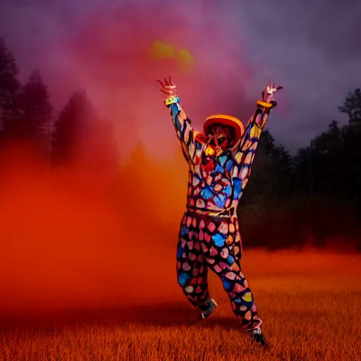 Image similar to man wearing clown makeup dancing in field on fire, cinematic lighting, 8 k