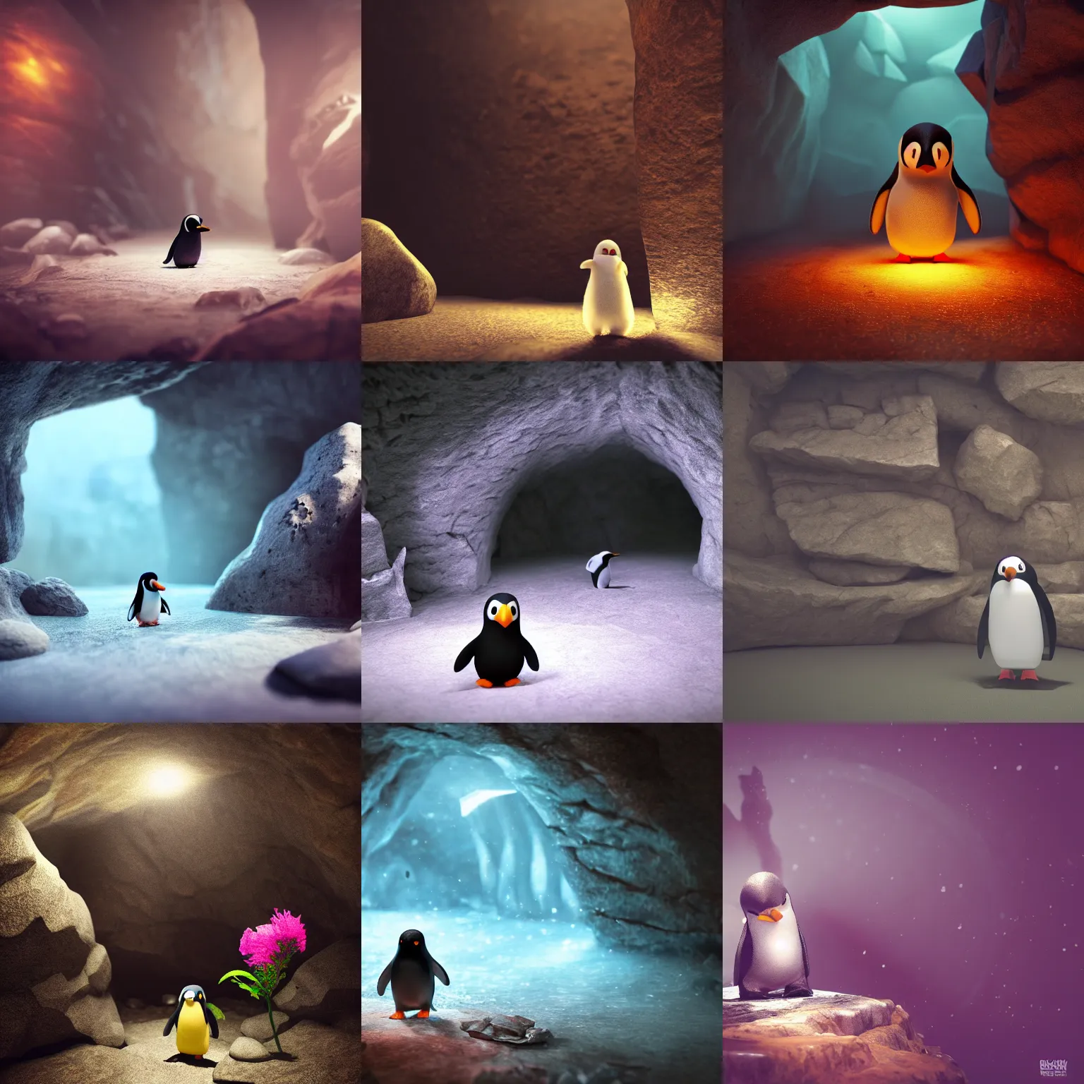 Prompt: lonely penguin playing in a cave, abandoned by its friends, looking at a magical flower, cinematic lighting, dramatic atmosphere, sad, melancholic, 8k photorealistic, 3d render, trending artstation