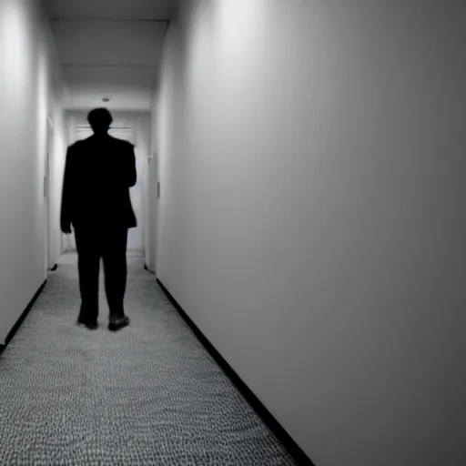 Prompt: a dark figure at the end of a creepy empty office hallway. movie still