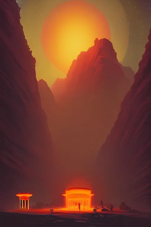 Image similar to traditional temple glowing orange in canyon, lightstreaks and planets in the sky, dramatic lighting, artstation, matte painting, ralph mcquarrie, simon stalenhag