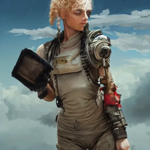 Image similar to tattooed dirty stoic butch heroic emotionless blonde woman engineer in tattered dirty flight suit, very short messy hair, victorian goggles, back pose, crossing primitive hostile alien desert, clouds of red dust, highly detailed, digital painting, artstation, concept art, matte, sharp focus, illustration, art by artgerm and greg rutkowski