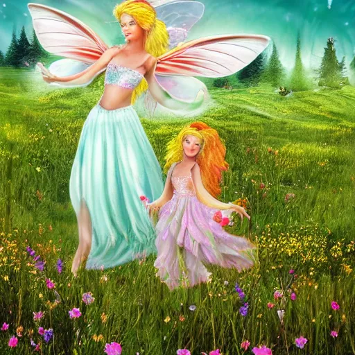 Prompt: photo of beautiful fairies in a heavenly meadow