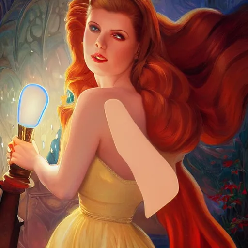 Prompt: anna kendrick dressed as jessica rabbit holding a glowing wand in one hand and a large leather bound book, fantasy, intricate, elegant, highly detailed, digital painting, artstation, concept art, matte, sharp focus, illustration, in the style of magic the gathering, art by artgerm and greg rutkowski and alphonse mucha