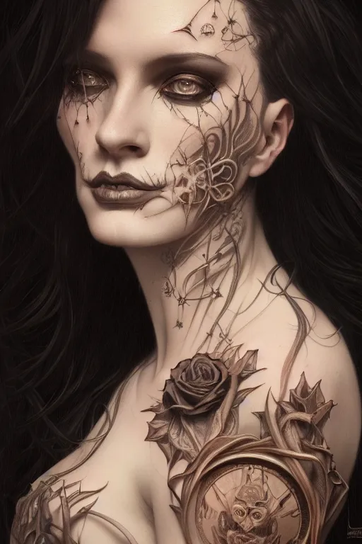 Image similar to portrait of a satanic witch, tattooed face, upper body, decorated, intricate, elegant, highly detailed, digital painting, artstation, concept art, smooth, sharp focus, illustration, art by artgerm and greg rutkowski and alphonse mucha, 8 k