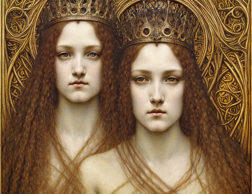 Image similar to detailed realistic beautiful young medieval queen face portrait by jean delville, gustave dore and marco mazzoni, art nouveau, symbolist, visionary, gothic, pre - raphaelite. horizontal symmetry