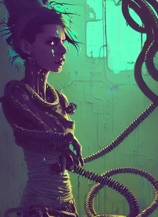 Image similar to highly detailed portrait of an moody wasteland punk long dripping green poison hair tribal lady, stray wirey rubber hoses by atey ghailan, james gilleard, by joe fenton, by greg rutkowski, by greg tocchini, by kaethe butcher, 4 k resolution, gradient purple, brown black and white color scheme!!! ( ( green flaming robotic sewer background ) )