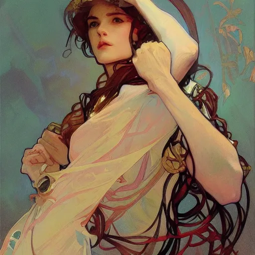 Image similar to krenzcushart, alphonse mucha, j. c. leyendecker, and ruan jia combined art