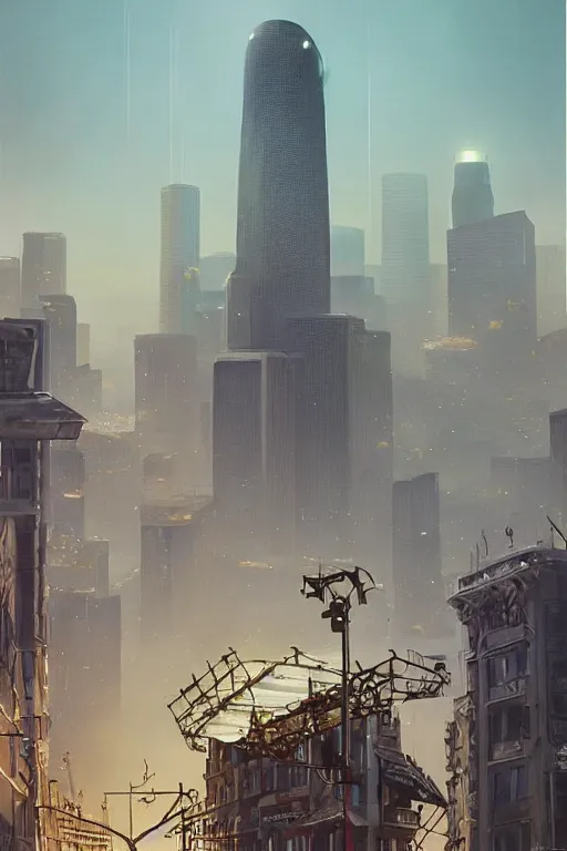 Prompt: Downtown Los Angeles being visited by a large UFO, an epic painting, glinting metal, volumetric lighting, intricate, elegant, highly detailed, digital painting, artstation, concept art, smooth, sharp focus, art by Maciej Kuciara