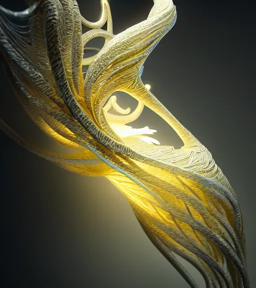 Image similar to abstract organic ornament in fluid creature, white and gold biomechanic plastic, glow lighting, fantasy, intricate, elegant, highly detailed, lifelike, photorealistic, octane render, 3d, concept art, smooth, sharp focus,