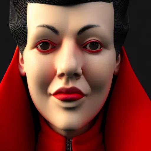 Image similar to a close up of a person wearing a red coat, a character portrait by jerry eisenberg, cgsociety, photorealism, # vfxfriday, physically based rendering, strange