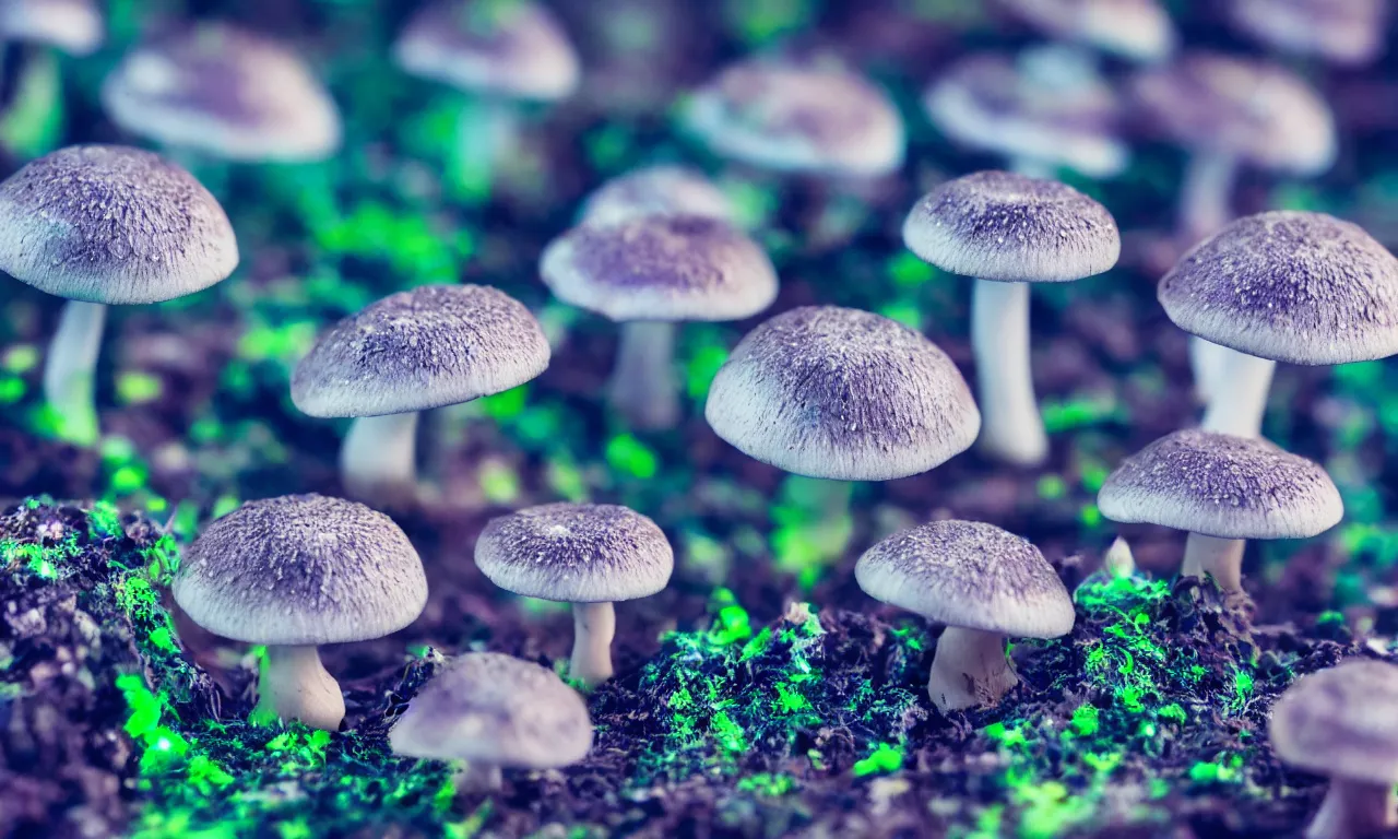 Image similar to a macro shot of bioluminescent mushrooms mushrooms, dof, 4k, bokeh, acid pixie acid pixie, mystic hues