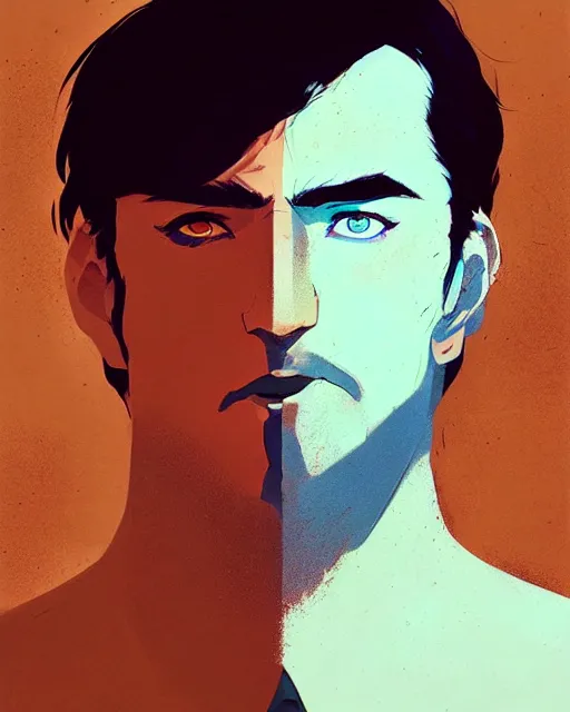 Image similar to portrait of raven male lord with dark hair and golden eyes, by atey ghailan, by greg rutkowski, by greg tocchini, by james gilleard, by joe fenton, by kaethe butcher, dynamic lighting, gradient light blue, brown, blonde cream and white color scheme, grunge aesthetic