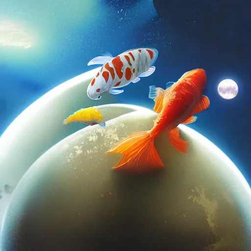 Image similar to a sphere aquarium with two cute koi fish. the aquarium is floating in space, in the size of a planet. the moon is seen in the background. illustration, realistic, by greg rutkowski and ash thorp, vivid colors, detailed, trending on artstation, high quality, cinematic