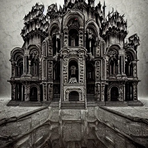 Image similar to gothic georgian temple manor, baroque in the style of h. r. giger and zdzisław beksinski, demons, decaying, fog mist, 8 k, artstation, unreal engine, octane render, hdr, sci - fi, surrealistic digital art, dystopian, hyperrealism, glow, concept art, grand scale, photorealistic rendered in octane