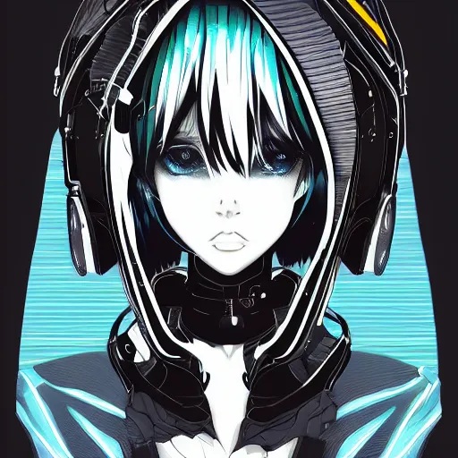 Image similar to vector illustration ink drawing of an anime manga gothic girl portrait with an intricate futuristic urban inspired helmet, hyperrealistic oil painting, by makoto shinkai and ilya kuvshinov and lois van baarle and rossdraws and basquiat, trending on artstation, black and white, chromatic aberration, monochrome color palette, halftone shaded background