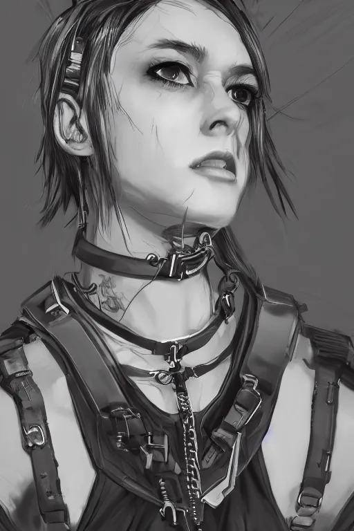 Image similar to detailed realistic cyberpunk female character cyberpunk wearing steel collar around neck, realistic, art, beautiful, 4K, collar, choker, collar around neck, punk, artstation, detailed, female, woman, choker, cyberpunk, neon, punk, collar, choker, collar around neck, thick collar, choker around neck, wearing choker, wearing collar, bright neon punk hair,