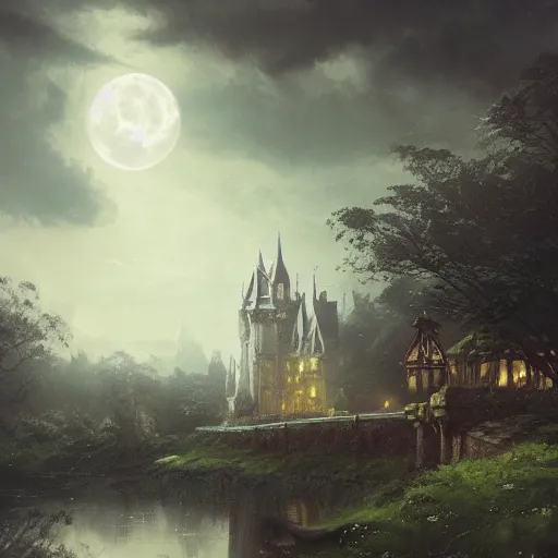 Prompt: a hidden village in the trees, victorian setting, dramatic light, castle background, clouds, moon, storm, night, high detail, fantasy background, painted by greg rutkowski, digital art, trending on artstation