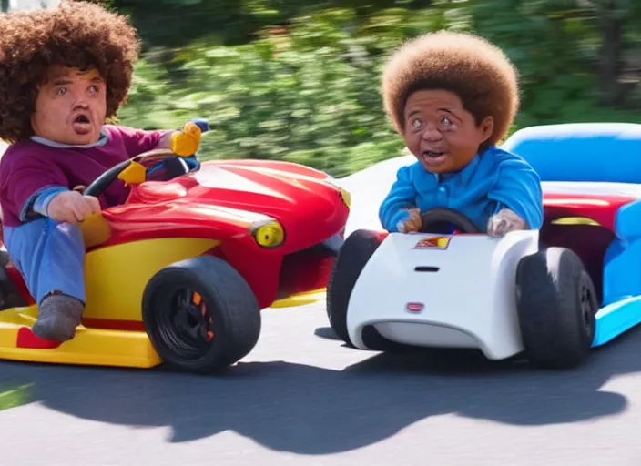 Image similar to peter dinklage racing emmanuel lewis driving a little tikes cars, movie still, from the new fast and furious movie, 8 k, realistic