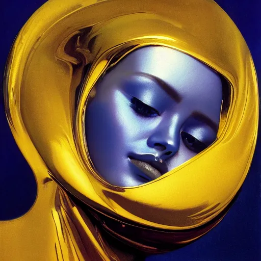 Image similar to a chrome woman's face in flowing sheets of cobalt blue gold chrome silver satin mirror foil, by moebius syd mead roger dean wojciech siudmak donato giancola yoshitaka amano michael cheval ivan aivazovsky jan de heem pieter claesz paul delaroche alma tadema aelbert cuyp, hyperrealistic volumetric light render