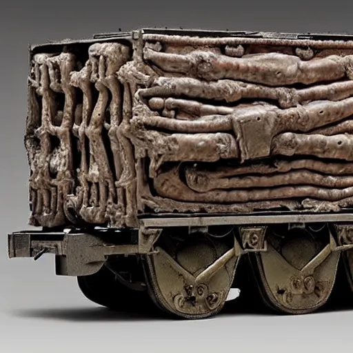 Prompt: boxcar made of human flesh and bone, highly detailed, artifact exhibit, War Photography, by H.R. Giger