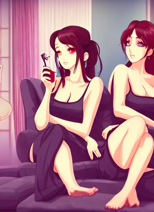 Image similar to two beautiful housewives in the living room on a hot summer evening, gorgeous faces, thick lines, cinematic lighting, detailed anime art