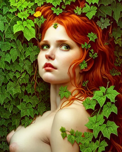 Prompt: closeup portrait the platonic ideal of flowers and ivy, poison ivy, beautiful succubus, intricate, hyperrealism, intense, dmt, artgerm, moebius, greg rutkowski, dan mumford, alphonse mucha