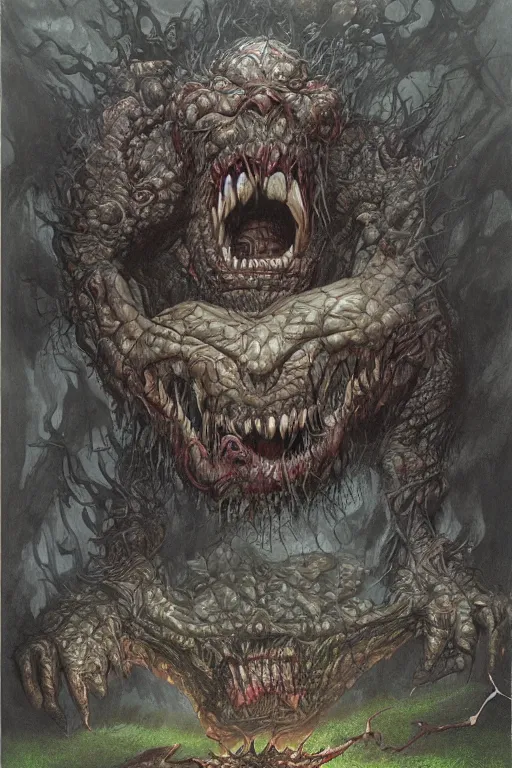 Image similar to artwork by john howe of a the angry abomination