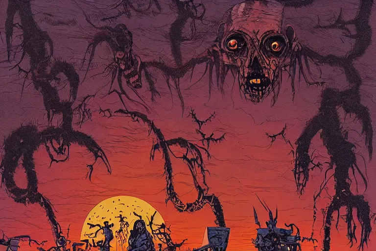 Prompt: disturbing horror zombie defeat illustration by joe fenton and syd mead and p. craig russell and barry windsor - smith, artstation, 4 k, graphic novel, concept art, matte painting, beautiful american rustic western landscape sunset background, golden hour, art nouveau