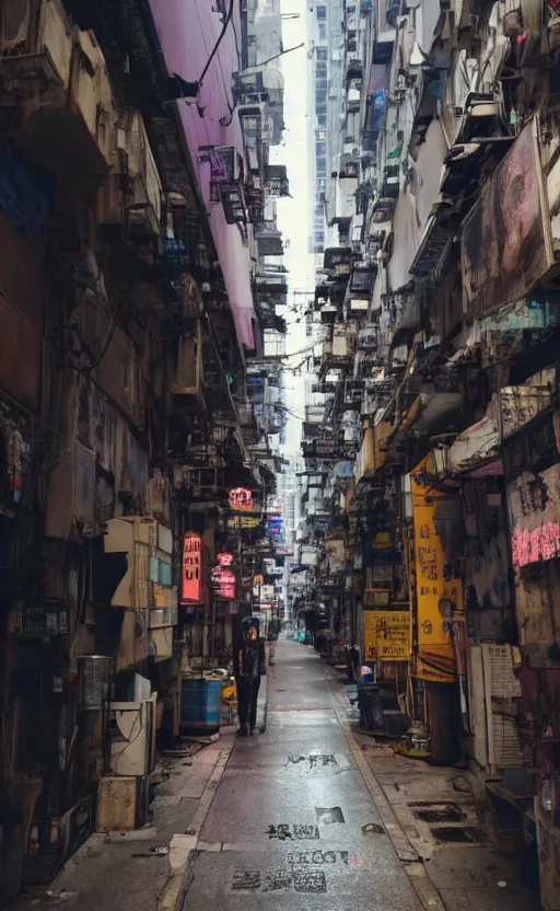 Image similar to a cyberpunk hong kong alley with robots and humans walking around by marcel deneuve