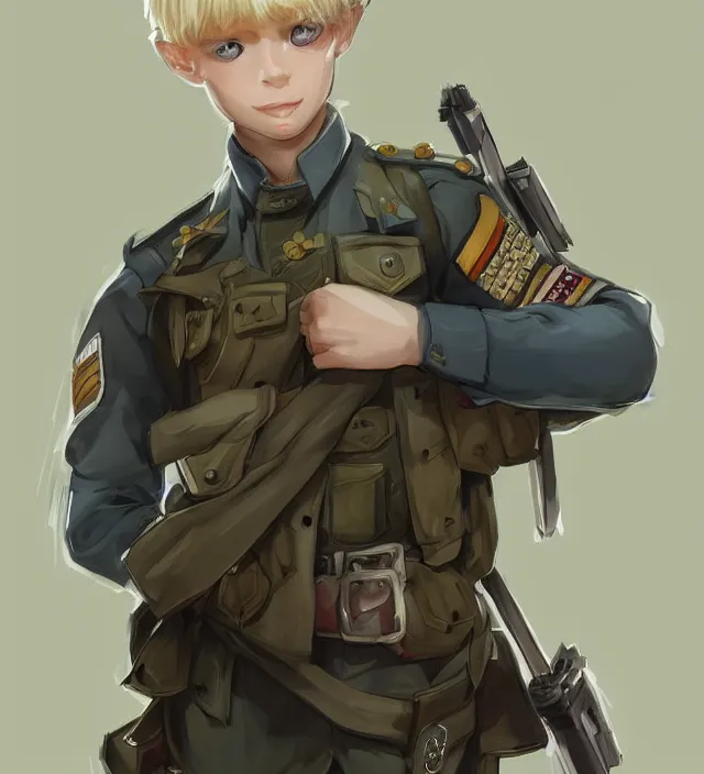 Image similar to character concept art of a cute young german boy with blond hair and bluish eyes, wearing a military uniform. lovely - fine - face, key visual, realistic shaded perfect face, fine details by rossdraws, james jean, andrei riabovitchev, marc simonetti, sakimichan, trending on artstation