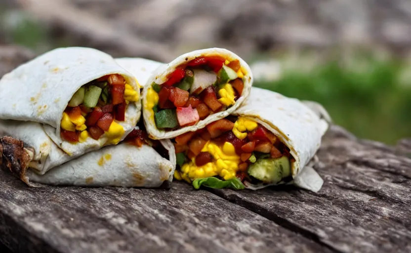 Image similar to a gigantic breakfast burrito, outdoors, food photography