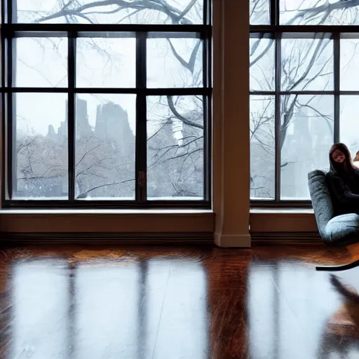 Image similar to modern loft overlooking central park in winter, snowing, fireplace roaring, woman sitting in modern leather chair looking out the window, warm lighting, blizzard outside, nyc, in the style of bill sienkiewicz