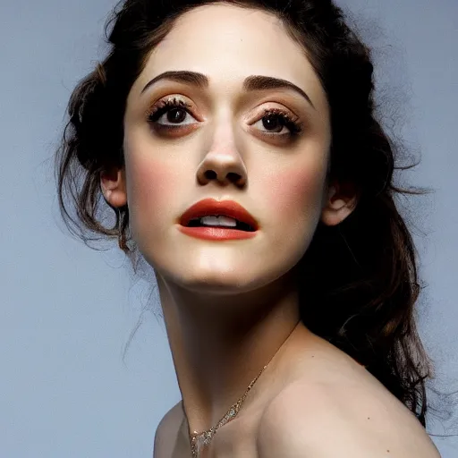 Image similar to 1980 model Emmy Rossum, realistic, photo studio, HDR, 8k, trending on artstation