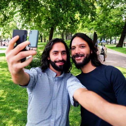 Prompt: taking a selfie with jesus christ in the park