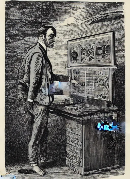 Image similar to 19th century wood-engraving of a computer capable of drawing pictures, a man stand in front of it looking confused, whole page illustration from Jules Verne book, art by Édouard Riou Jules Férat and Henri de Montaut, frontal portrait, high quality, beautiful, highly detailed, removed watermarks