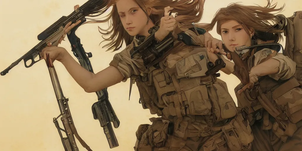 Prompt: soldier girl, gun, ground explosion, anime style, long hair, hair down, symmetrical facial features, under heavy fire, hyper realistic, pale skin, 4 k, rule of thirds, extreme detail, detailed drawing, trending artstation, hd, fantasy, d & d, realistic lighting, by alphonse mucha, greg rutkowski, sharp focus, backlit, soldier clothing