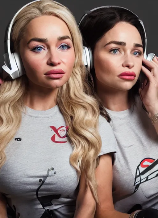Image similar to portrait of lindsey pelas and emilia clarke wearing t shirt and headset while playing video games, by charlotte grimm, natural light, detailed face, canon eos c 3 0 0, ƒ 1. 8, 3 5 mm, 8 k, medium - format print, half body shot