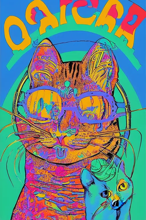 Prompt: cat in a VR helmet, 1969 psychedelic art poster, san francisco, hippie style, screen print poster