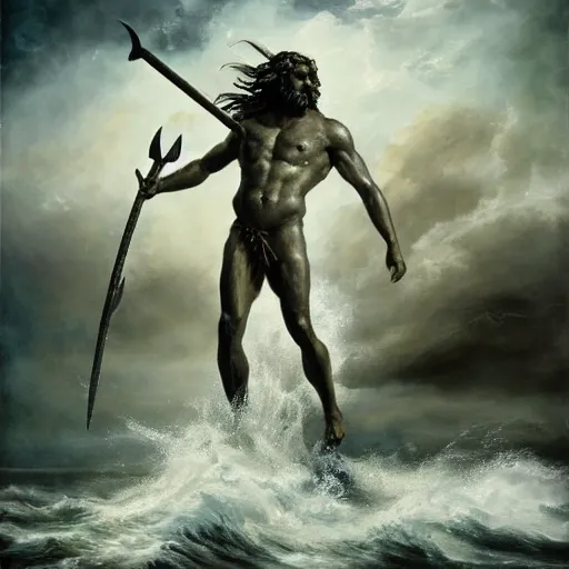 Image similar to poseidon standing at center frame holding a trident, with his back turned to the camera, a storm ahead, high res, oil painting, realistic, water, greek god, epic composition, masterpiece, award winning, low exposure